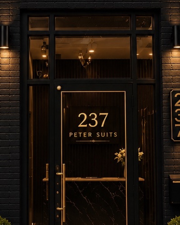The brass-handled front door with gold lettering and a marble reception counter beyond.